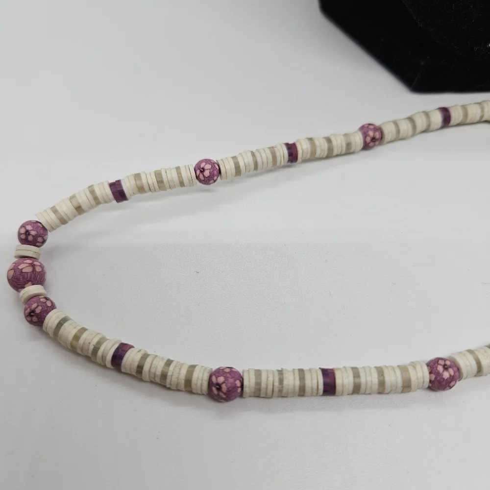 heshi bead necklace with pink purple flower polymer beads